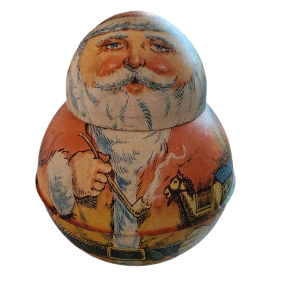 Preowned Vintage 1980 Roly Poly Santa Tobacco/Cookie Tin By Bristol Ware .
